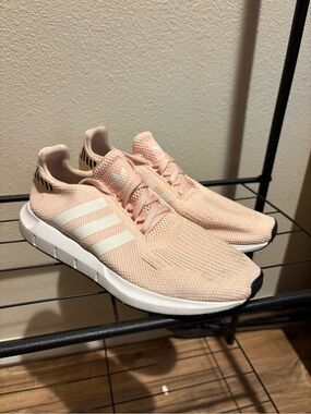 adidas Women's Pale Pink Knit Running Sneakers with White Stripes